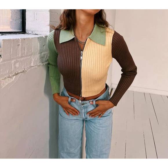 NEW PRETTY GARBAGE zip up crop cardigan in green/brown/yellow colorblock - Picture 1 of 4